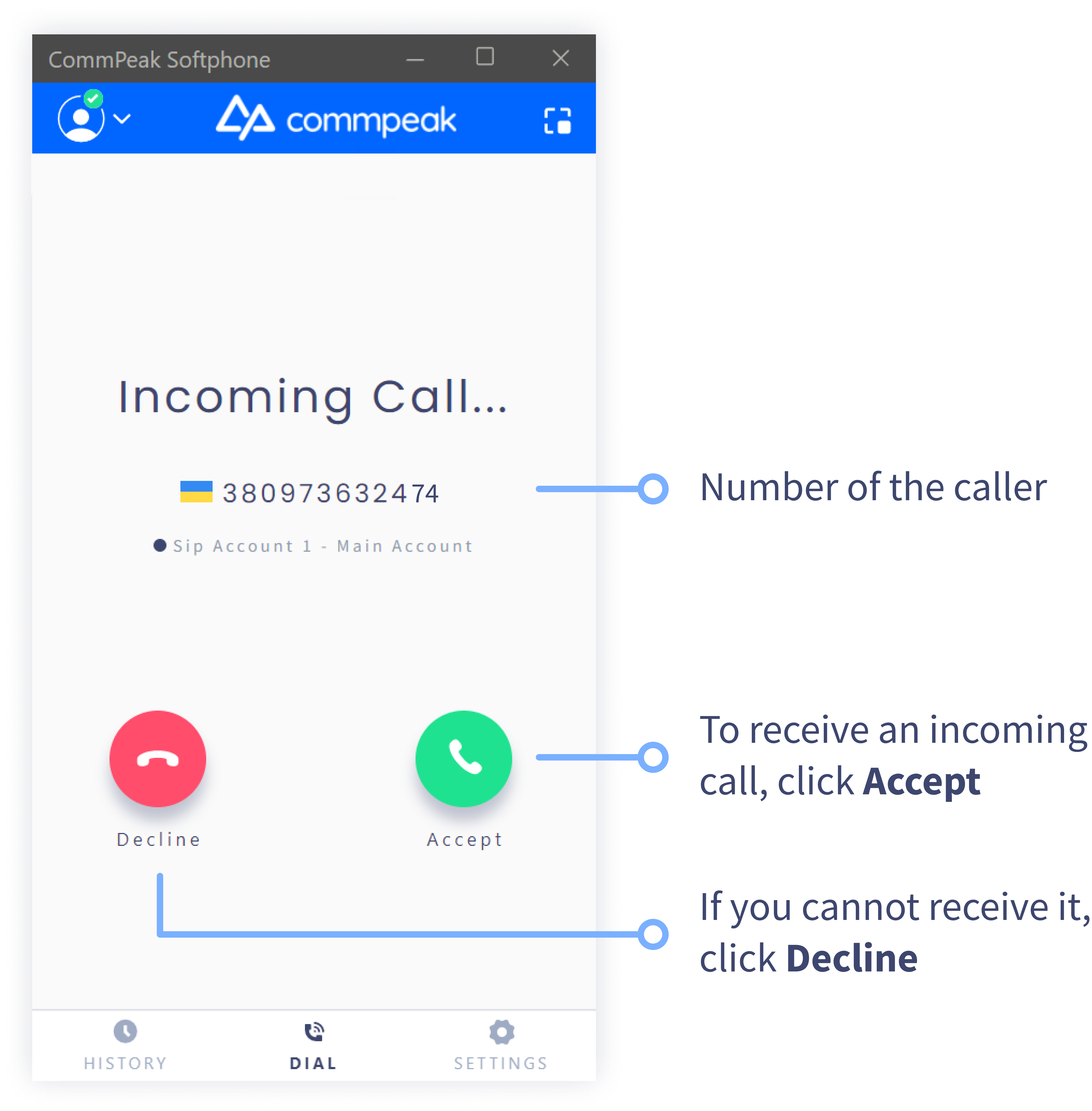 Screenshot of the incoming call screen: full mode