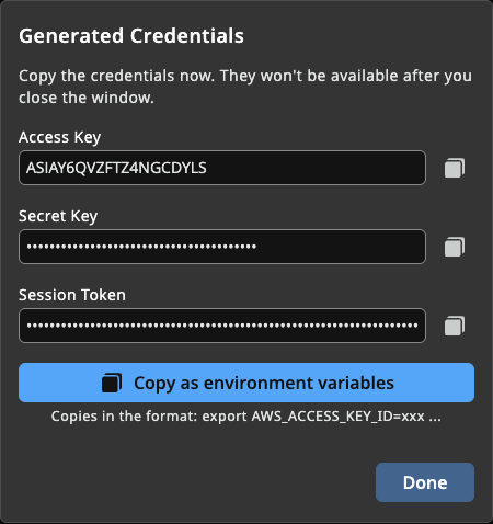 Generated credentials dialog