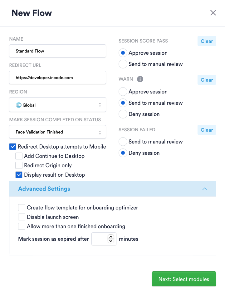 Global flow setting with Redirect Desktop Attempts to Mobile enabled and behaviors defined for approving a session.