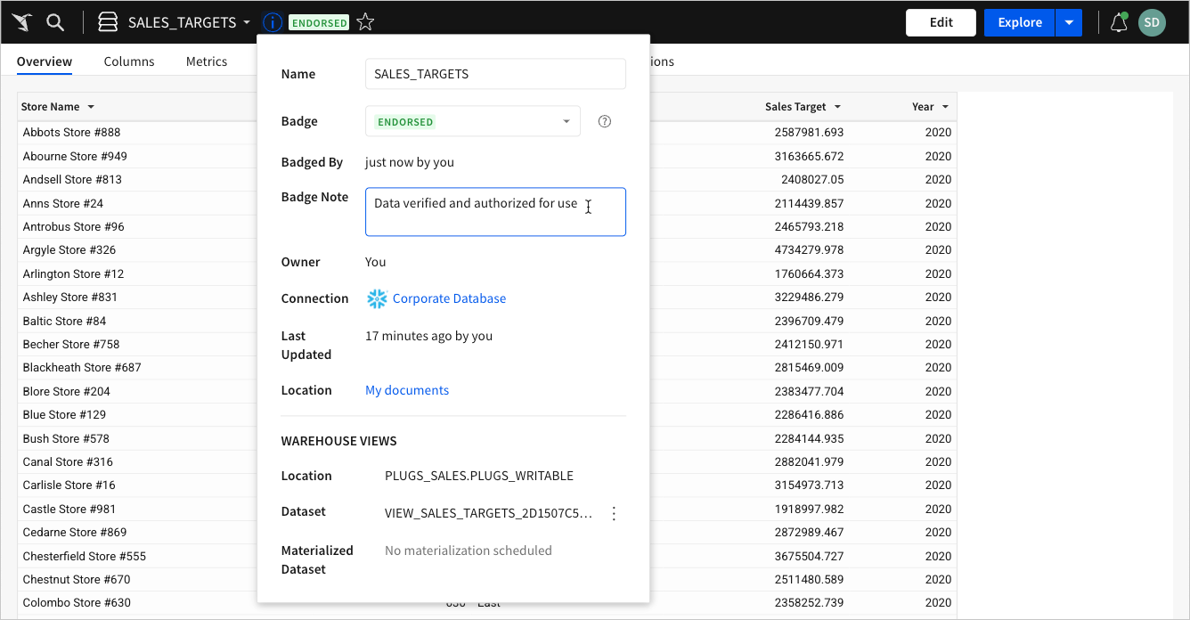 More info for the sales targets dataset, with a badge note providing context that the data is verified and authorized for use, accompanying the endorsed badge.