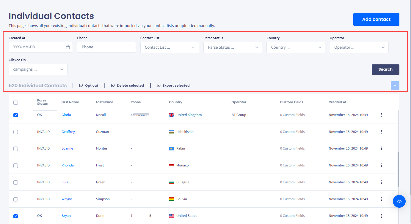 Screenshot of the search filters