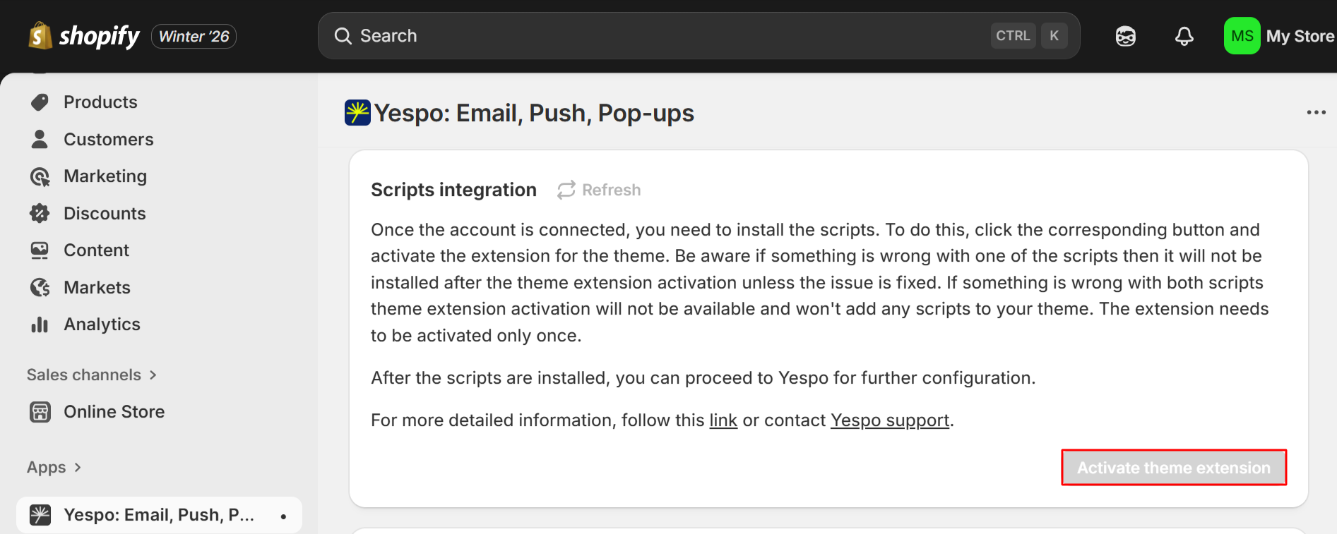 Activate theme extension