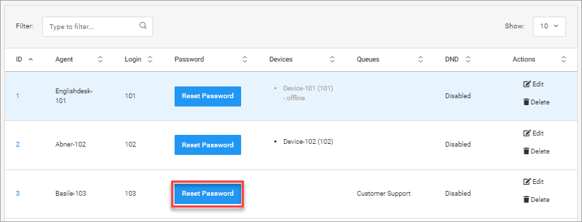 Screenshot of the **Configuration > Agents** tab: **Reset Password** option