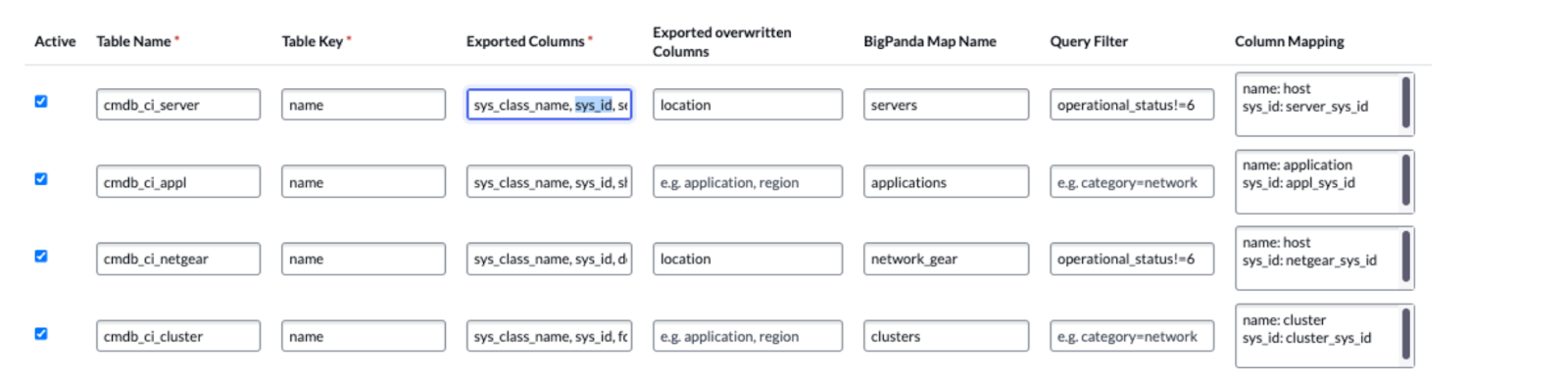 Example Table Export Configuration