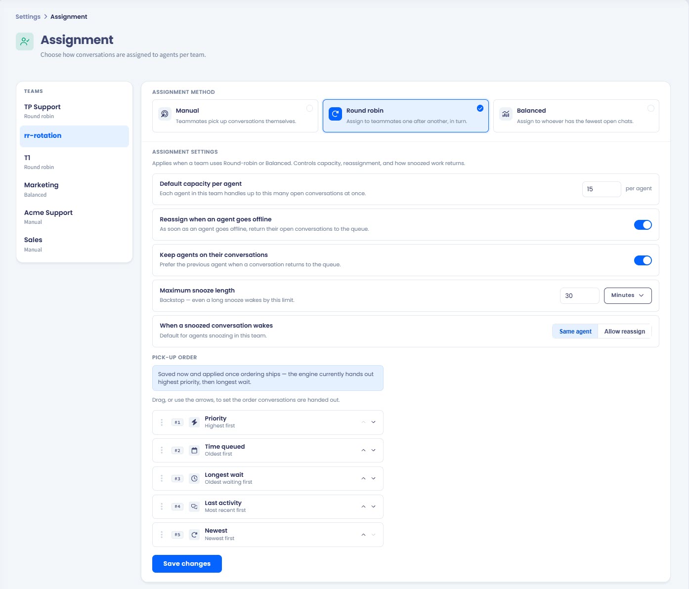 Screenshot of the Assignment settings options: Round robin