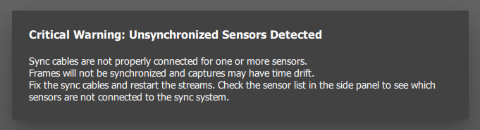 This popup appears when the user begins streaming or calibrating, but Depthkit cannot determine which sensor is the primary sensor, usually due to a disconnected/misconfigured cable.