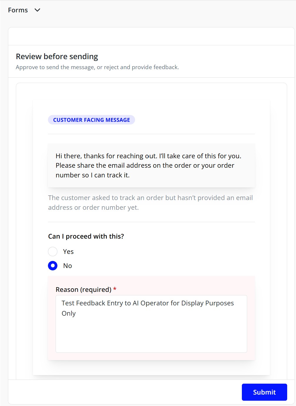 A DSL form rendered in the Action Panel — an AI Operator requesting associate review before sending a customer message
