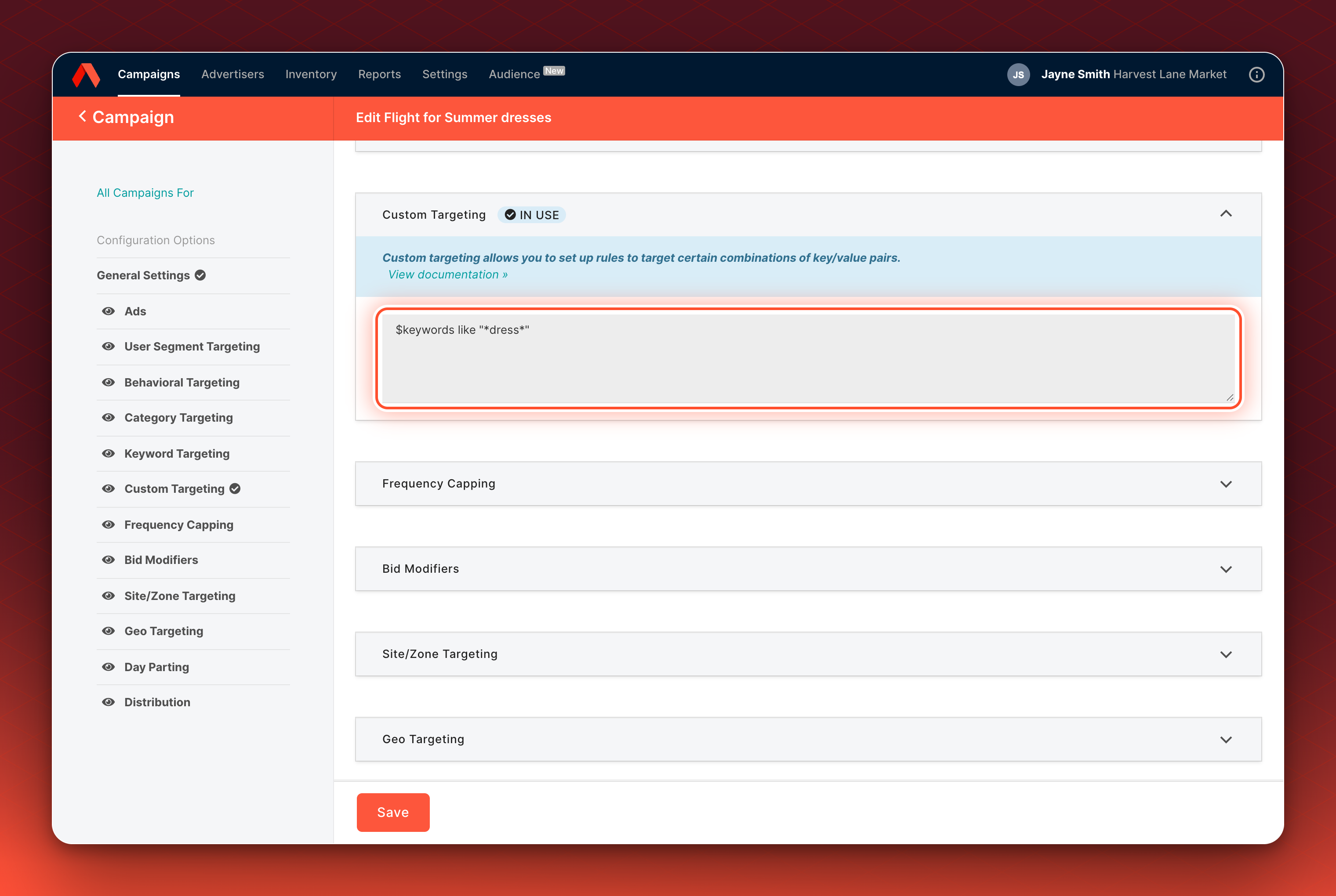The Flight editor with Custom Targeting open and the Zerkel query $keywords like *dress* entered in the box.