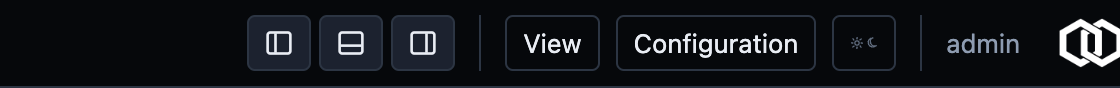Header controls: pane buttons, View, Configuration, the theme, and the session.