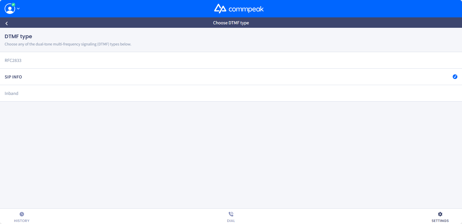 Screenshot of the DTMF type section