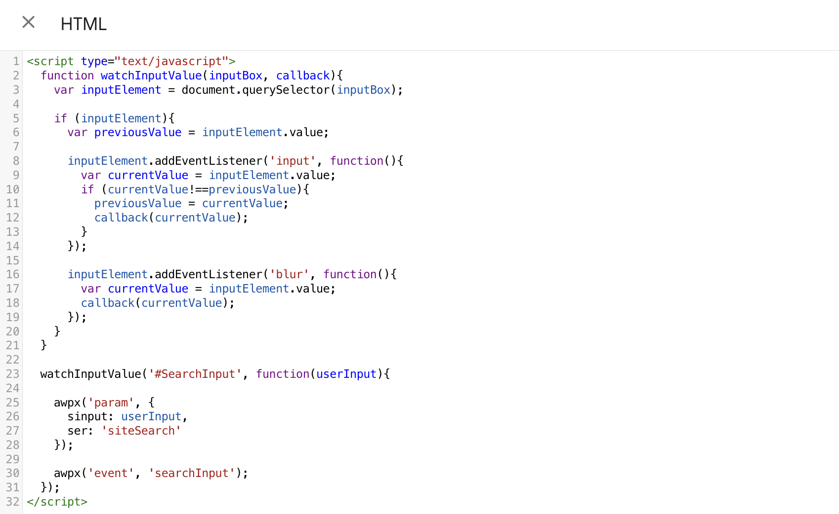 a sample implementation of searchInput as a custom HTML on GTM