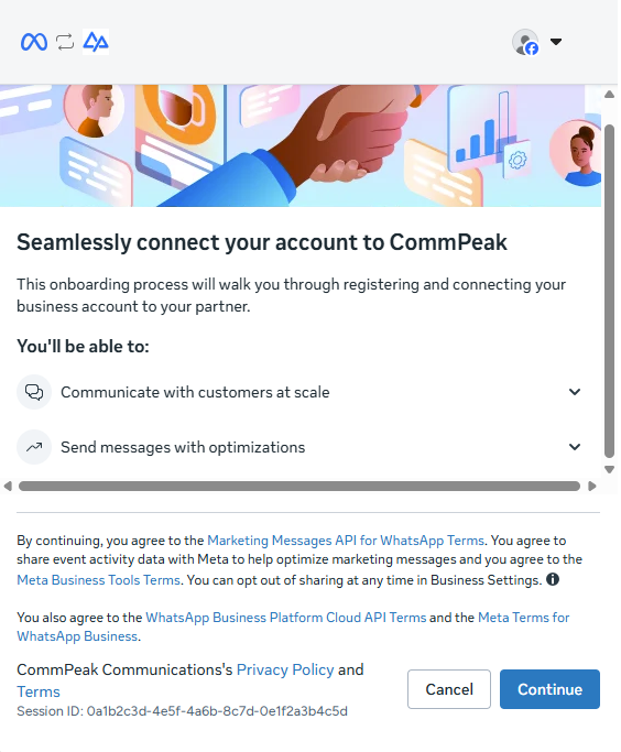 Meta onboarding screen listing what CommPeak will be able to do with your WhatsApp Business account