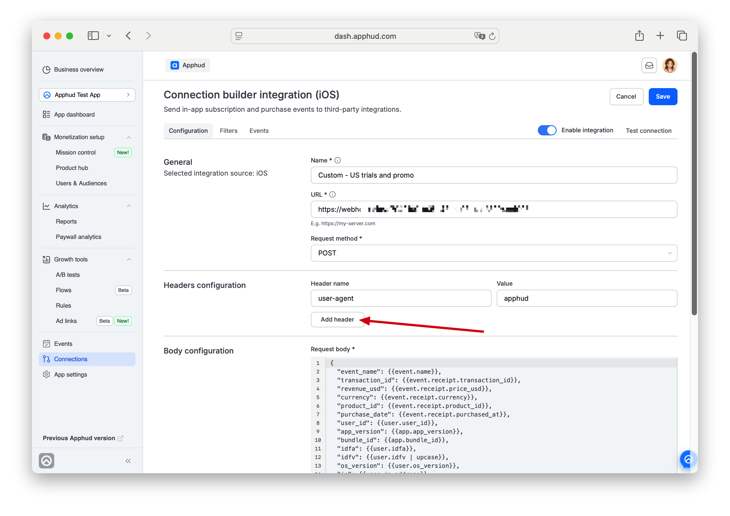 Connection Builder - Headers configuration