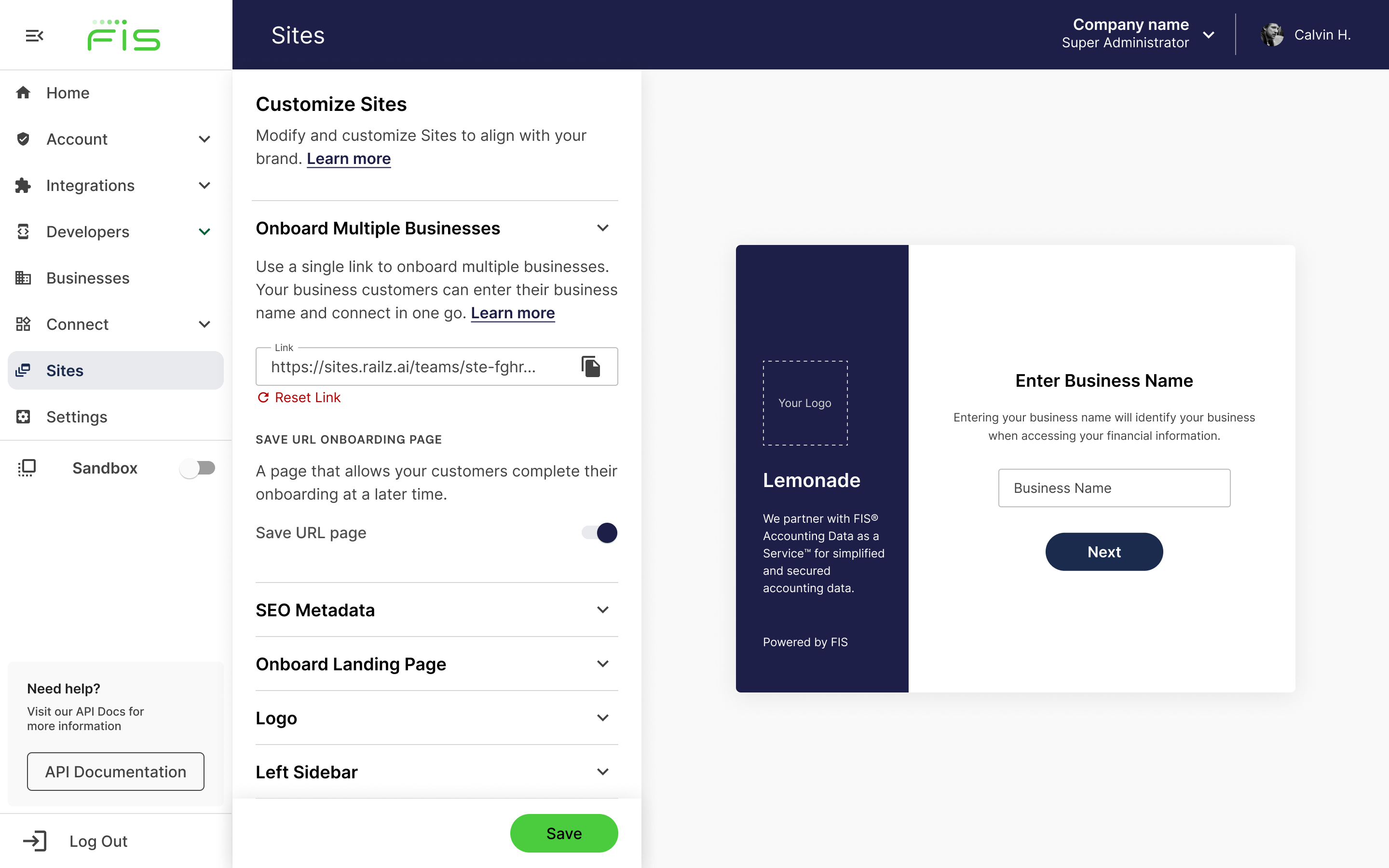 Railz Sites settings page in the Railz Dashboard. Click to Expand.