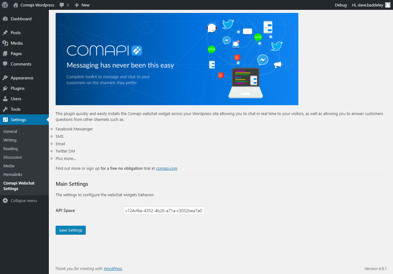Comapi Webchat Plugin Settings