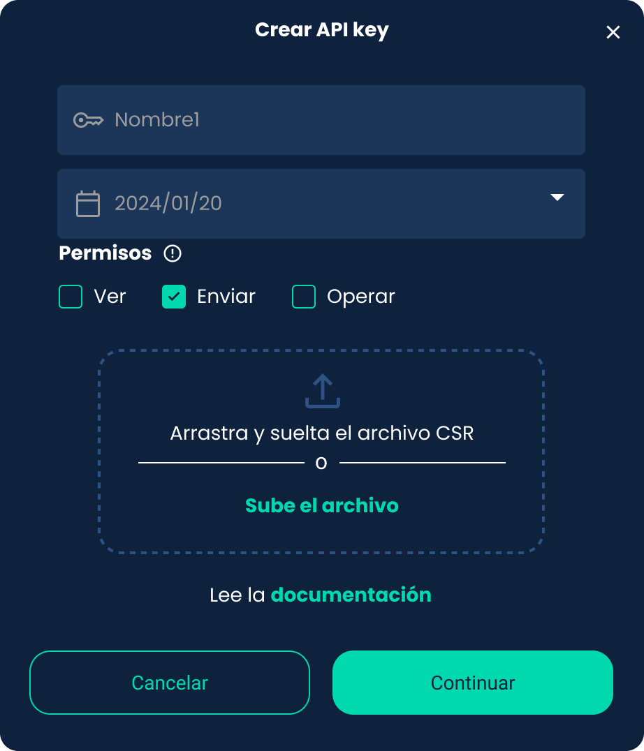 Modal para entrega del PUBLIC-CERTIFICATE