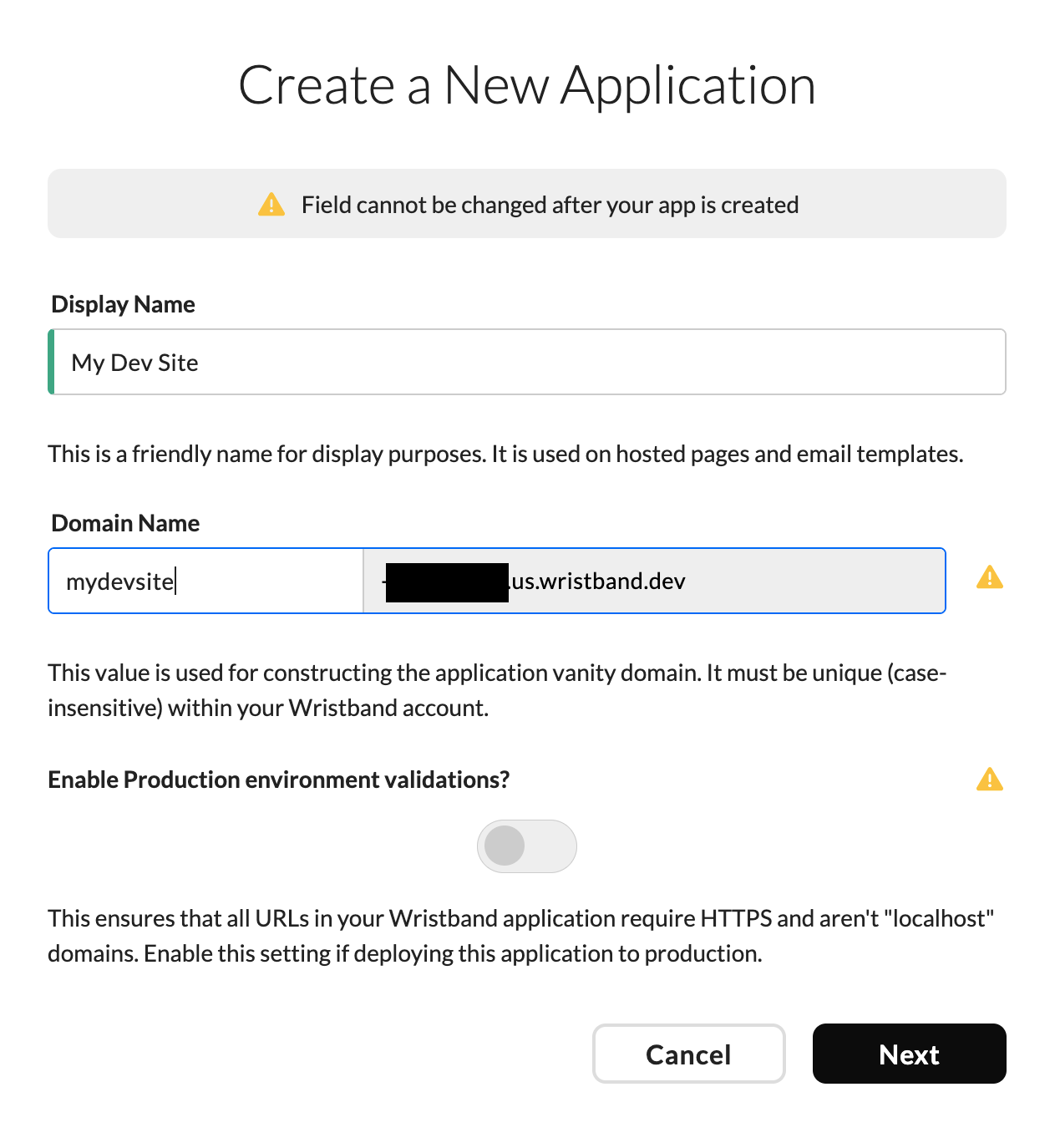 Create Application Modal in Wristband