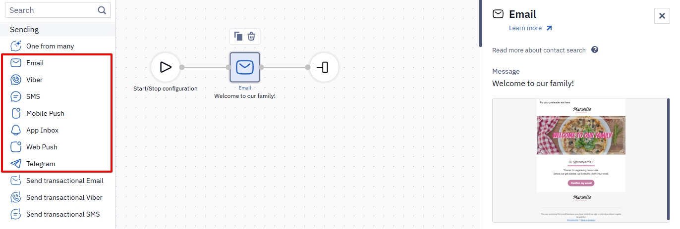 Workflow editor with an Email block selected and the Sending block list highlighted showing Email, Viber, SMS, Mobile Push, App Inbox, Web Push, and Telegram options