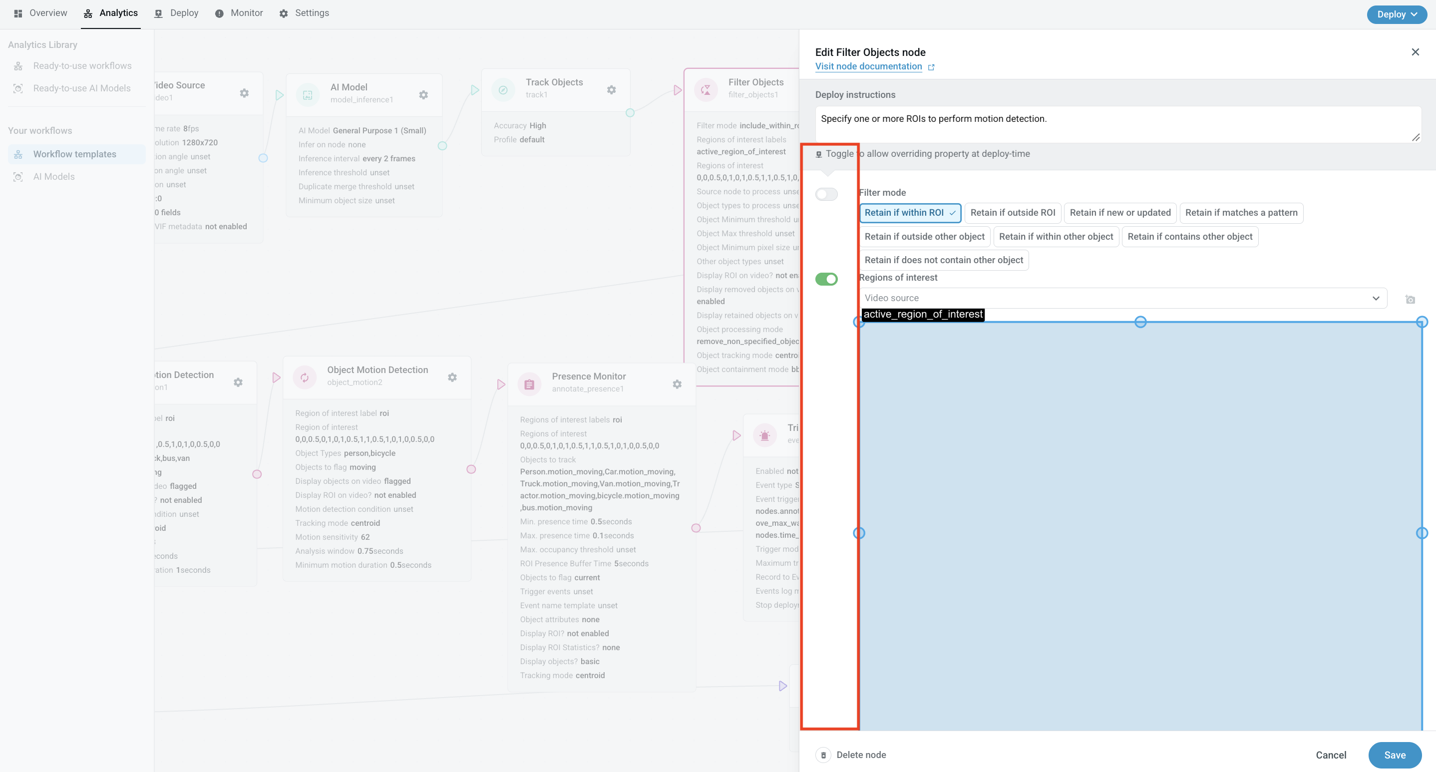 Node properties with "Toggle to allow overriding at deploy time" in red.