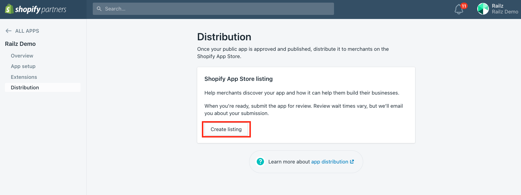 Shopify Partners - Choose App Distribution. Click to Expand.