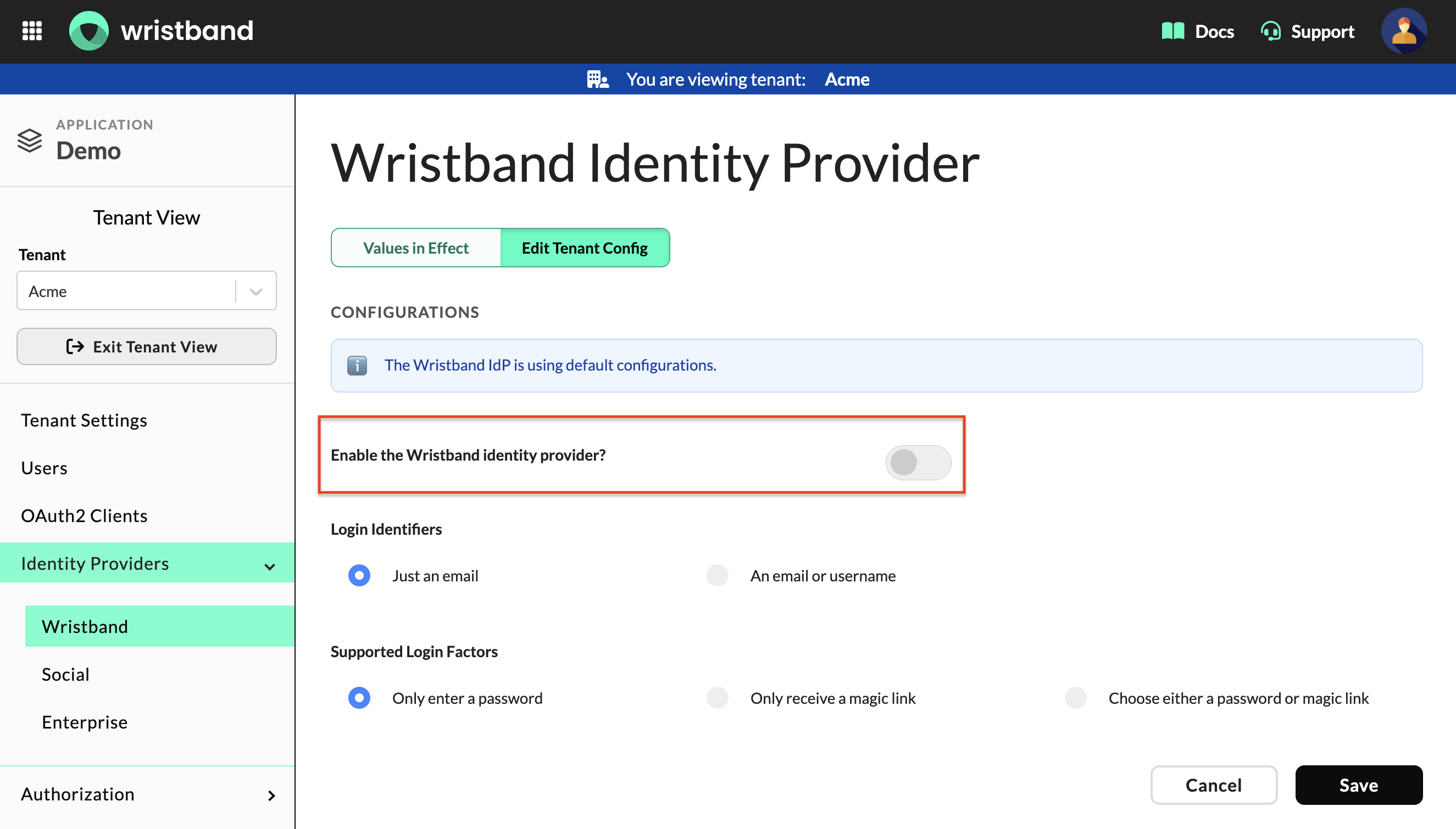 Tenant-level Wristband IdP Page: Disable the Wristband IdP