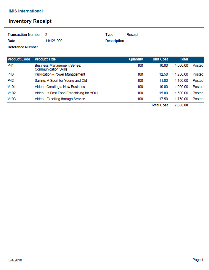 Viewing the Inventory Receipt Detail report example