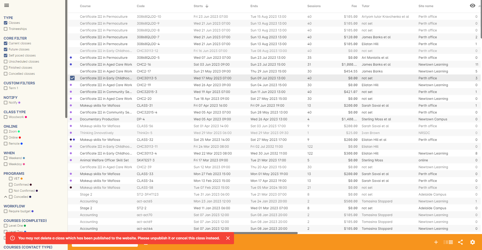 Figure 20. Trying to remove a class with an enrolment