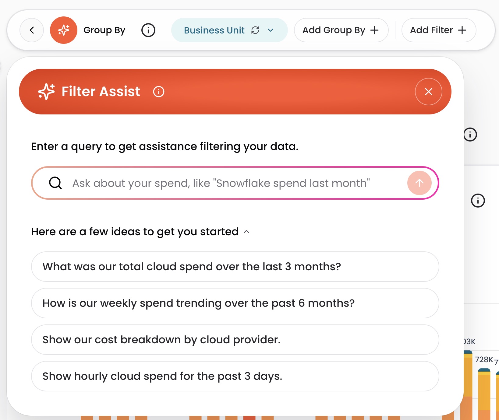 Filter Assist panel with suggested queries