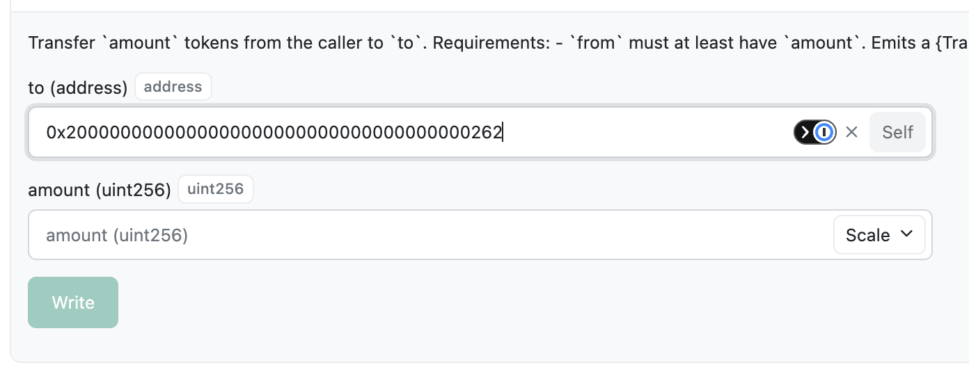 HyperEVM Scan transfer function for sending wrapped SPCX dShares to the HyperEVM bridge address