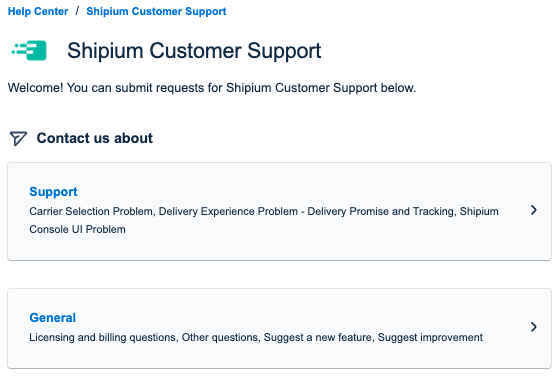 Shipium Customer Support Landing Page