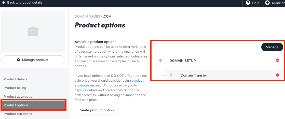Add the Transfer Domain option under the Domain Product Settings