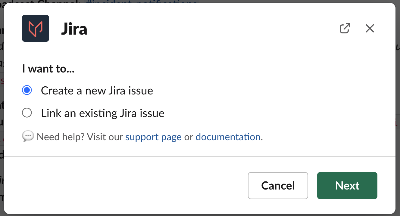 A screenshot of the Slack UI indicating how to create a new Jira issue