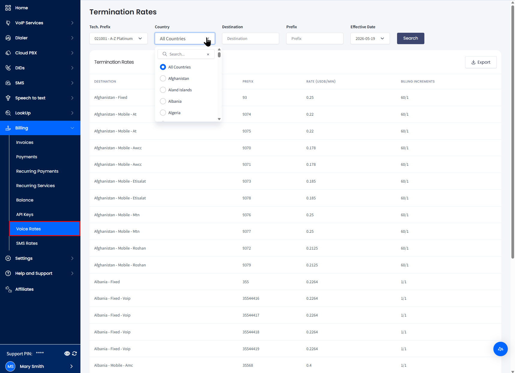 CommPeak Portal Voice Rates page filtered by country showing per-minute rates and billing increments
