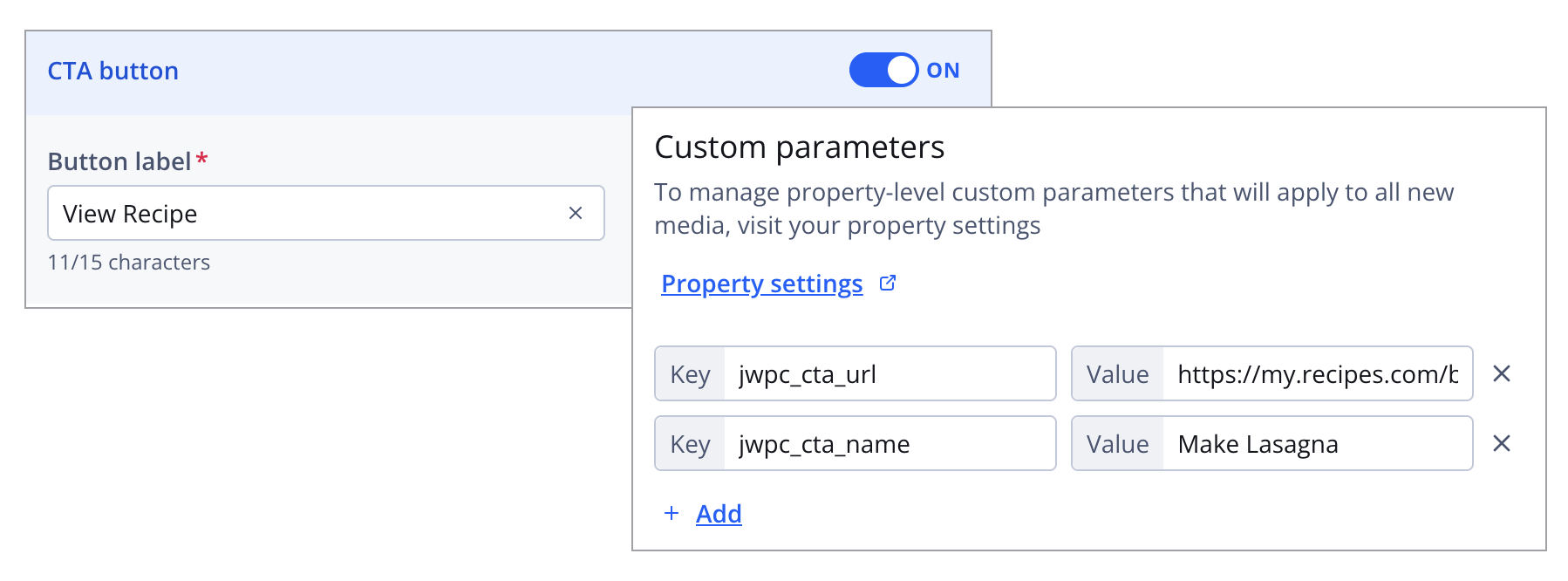 CTA button and media item settings