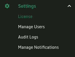 settings.license.sidebar.png License menu.