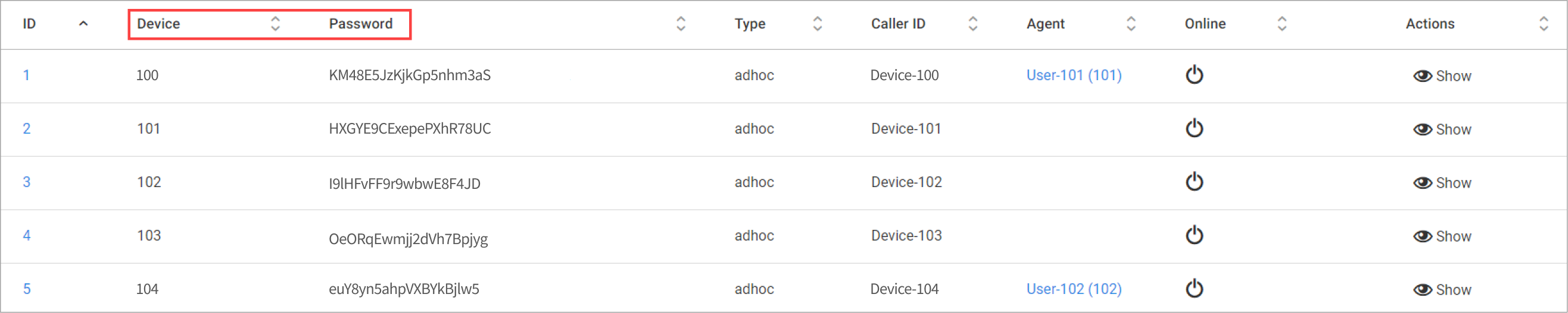 **Configuration > Devices** tab:  **Device** and **Password** columns