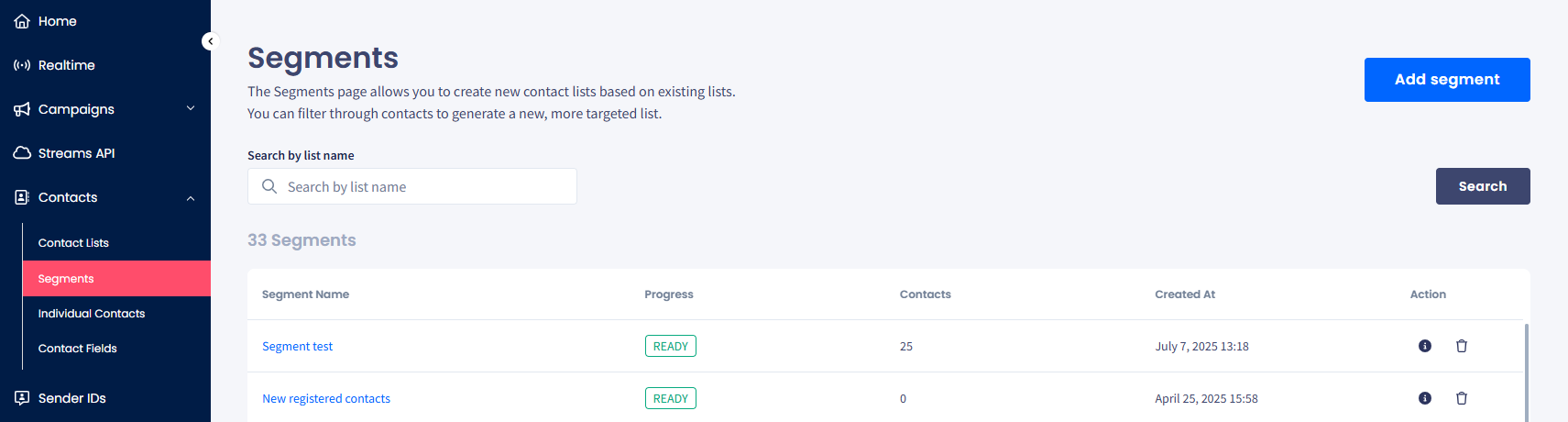 Screenshgot of the Segments menu tab
