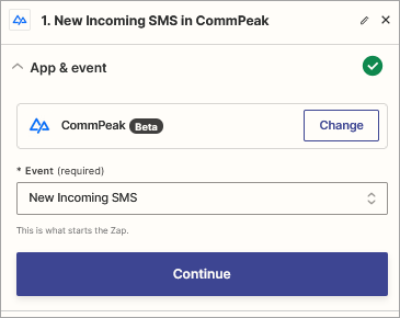 Screenshot of the **New Incoming SMS in CommPeak** event dialog: **App & event** step