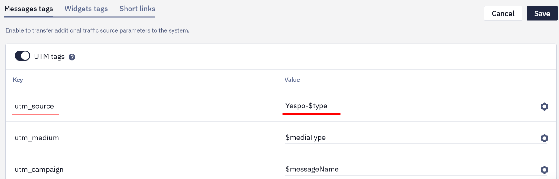 Key and Value fields for UTM tag parameters