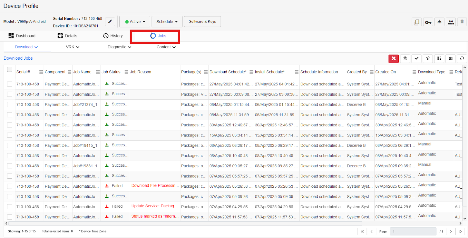 Job details for the device