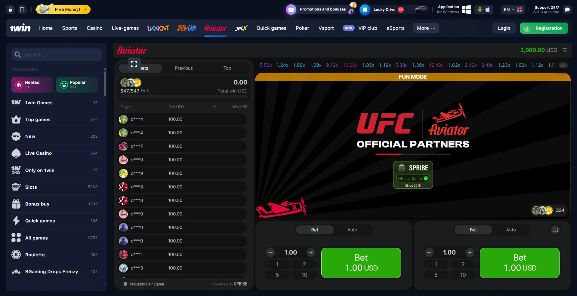 1win Aviator game interface showing betting panel, live player list, and UFC partnership banner in Tanzania