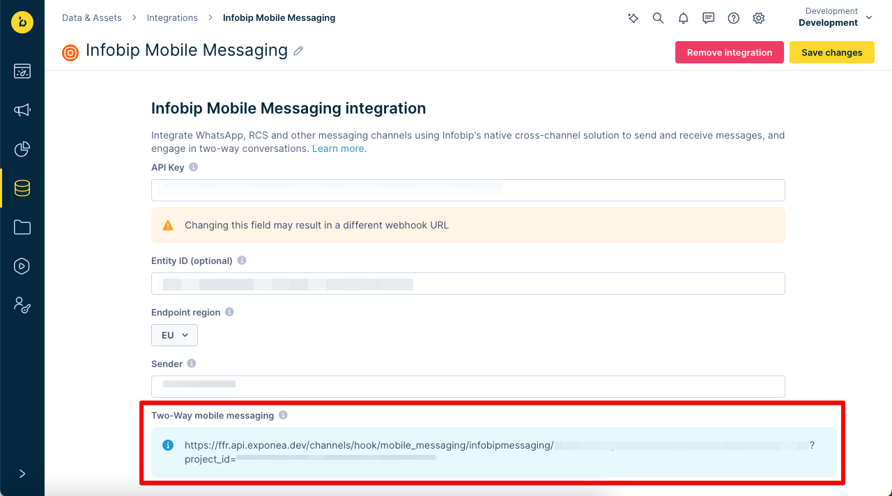 Two-way mobile messaging callback URL for the WhatsApp provider