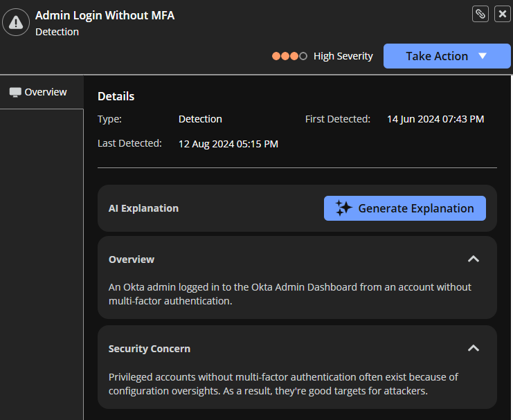 Detection detail panel for Admin Login Without MFA showing the Generate Explanation button in the AI Explanation section.