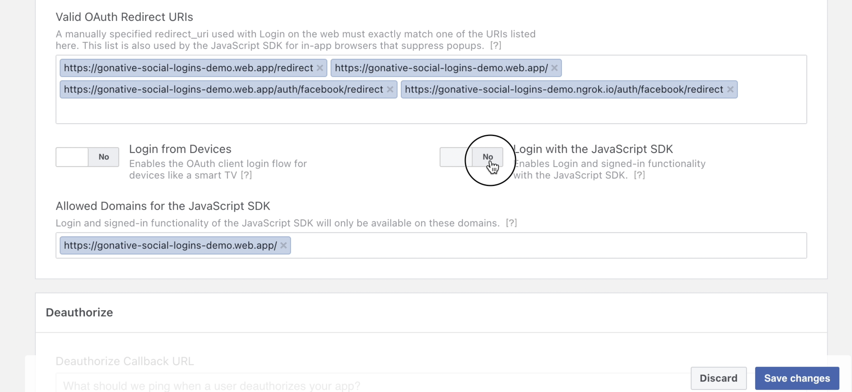 Enter Valid OAuth Redirect URIs and Enable “Login with the Javascript SDK"