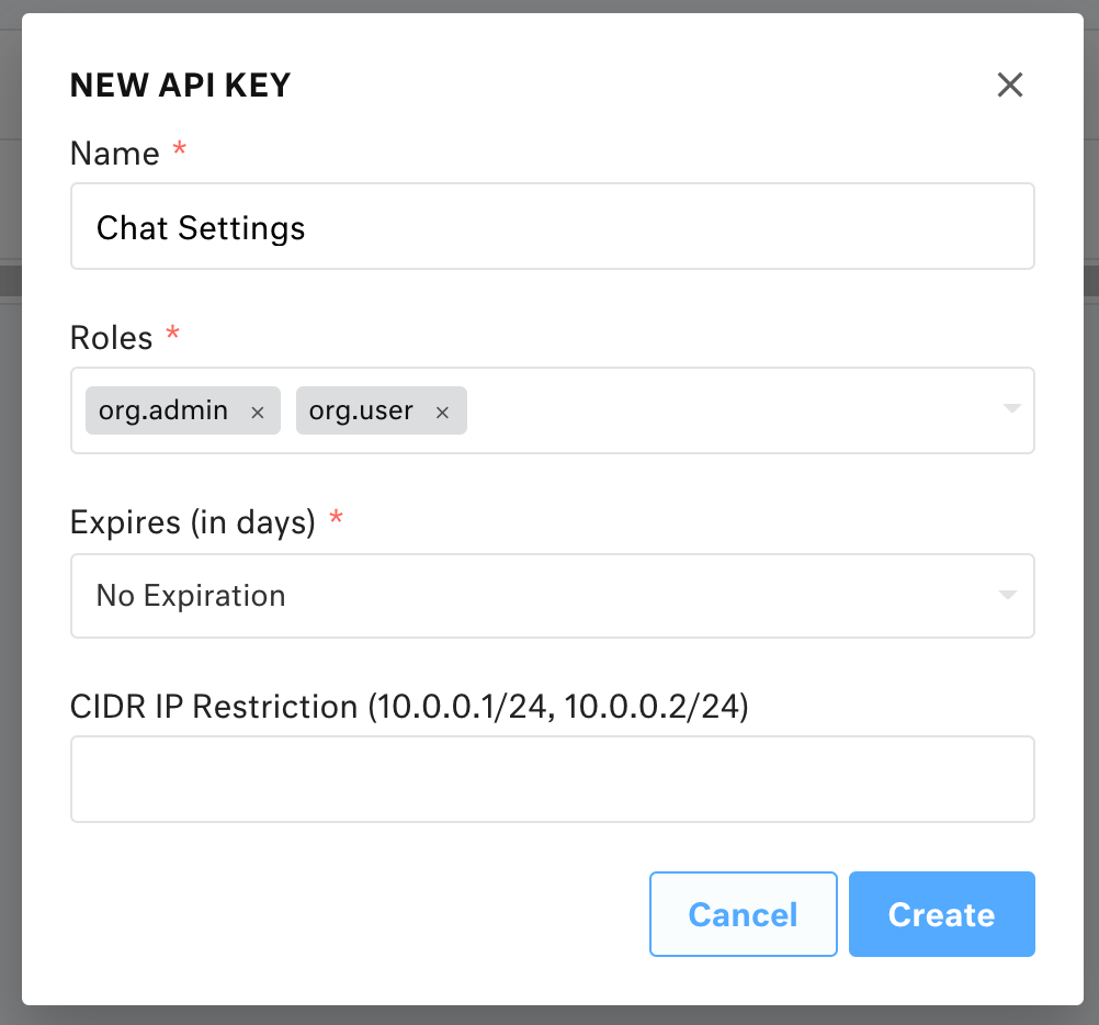 New API key modal. Settings displayed are Name: Chat Settings; Roles: org.admin, org.user; Expires (in days): No Expiration.