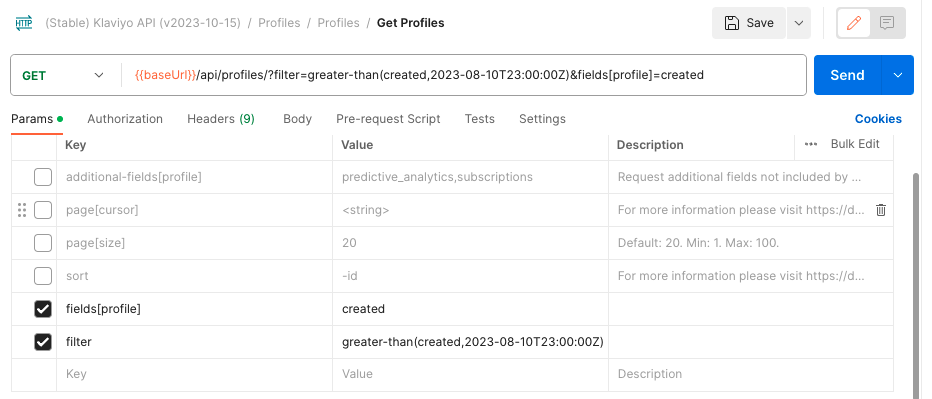 A sparse fieldsets query parameter has been added to the request URL, 