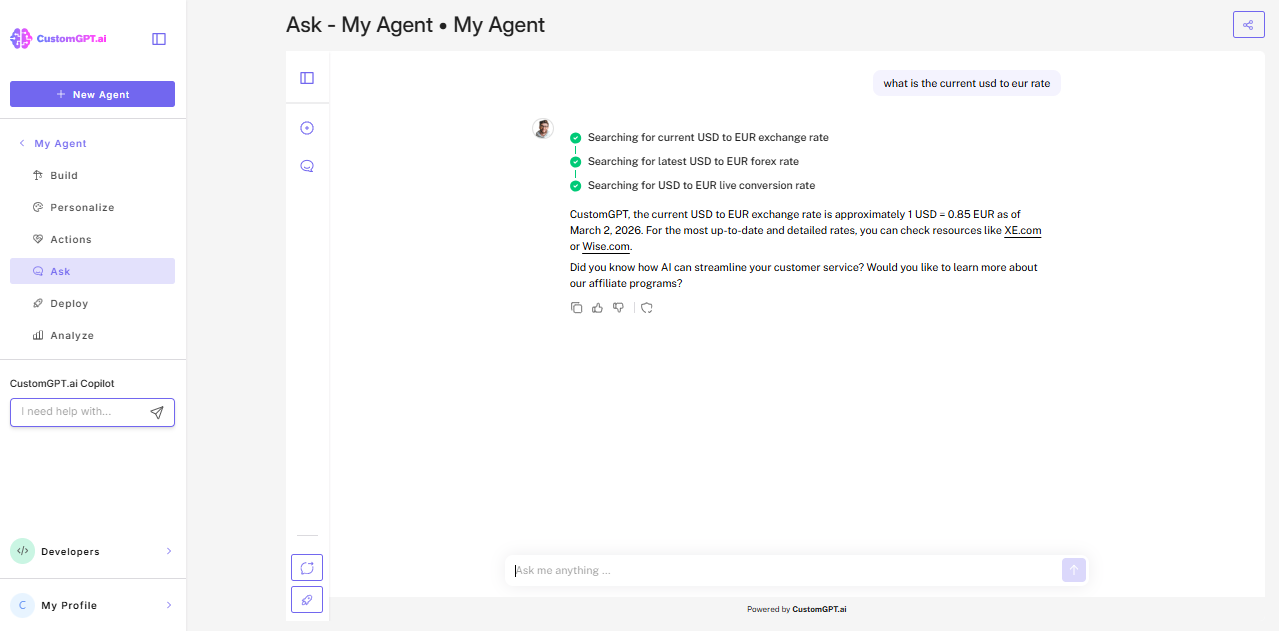 Screenshot: Agent output with active Web Search action