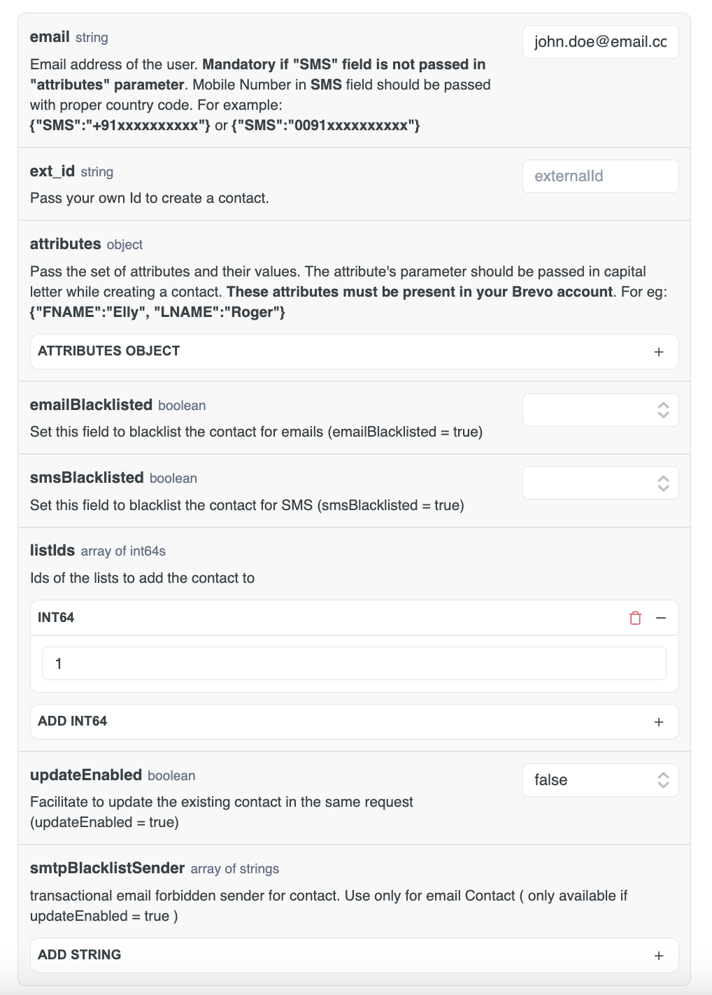 Brevo API body parameters to create a contact