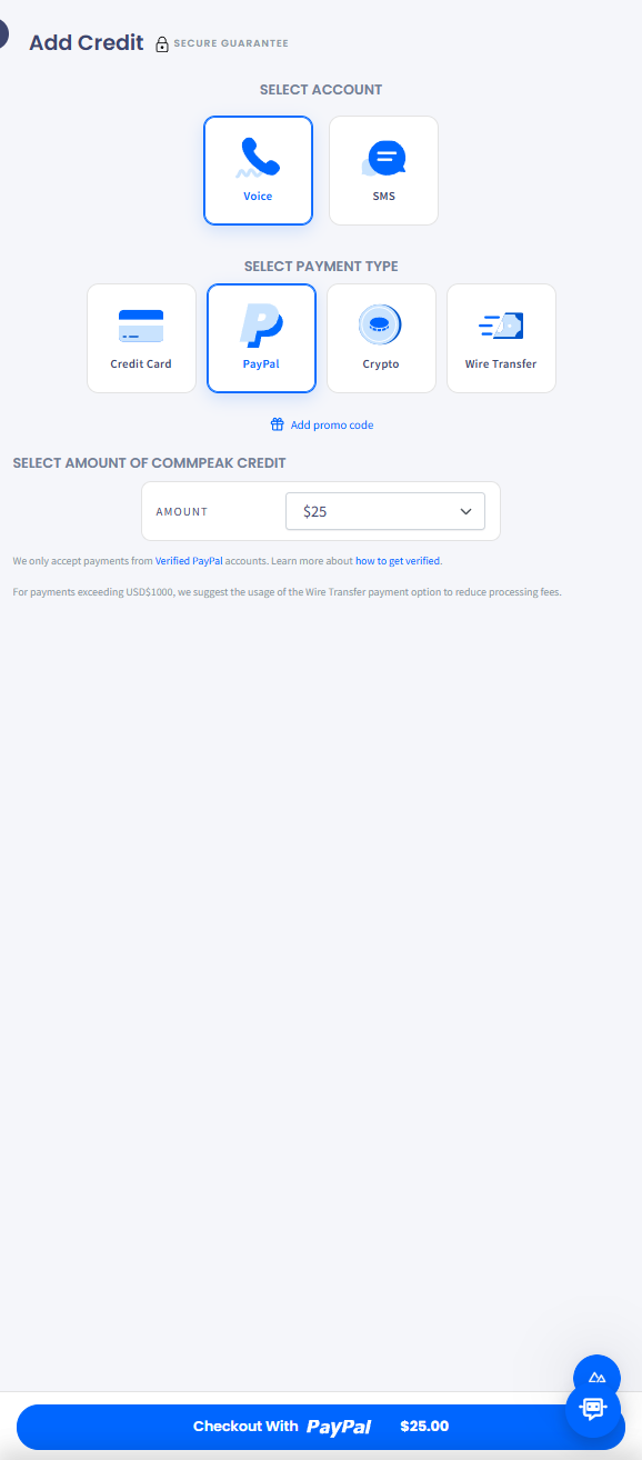 Screenshot of selecting PayPal payment type