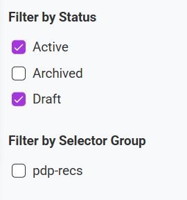 The campaigns list page's filters, including "Filter by Selector Group"